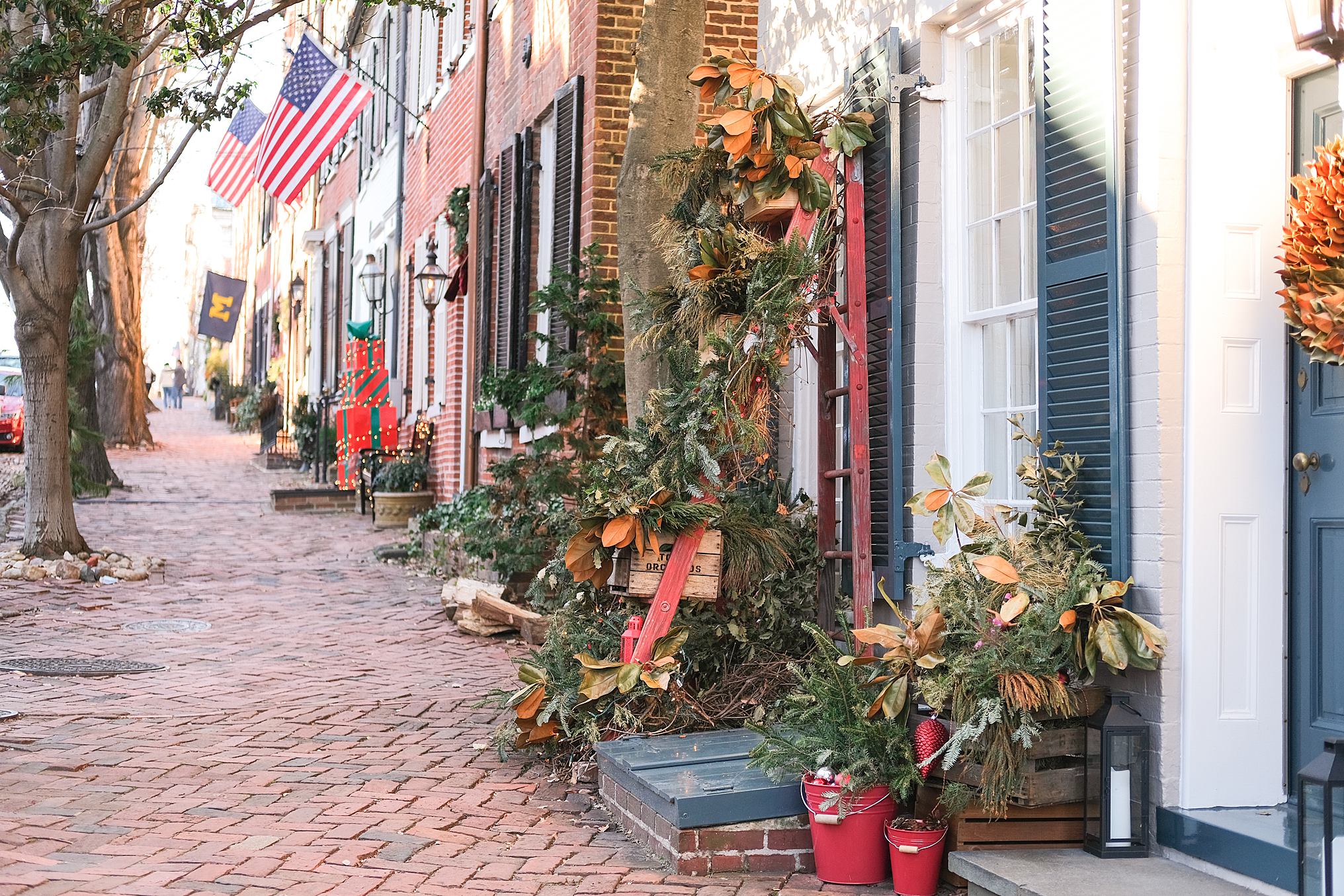 Cobblestone street lined with historic row houses in Old Town Alexandria