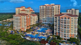 Aerial dusk view of Marriott's OceanWatch Villas resort towers